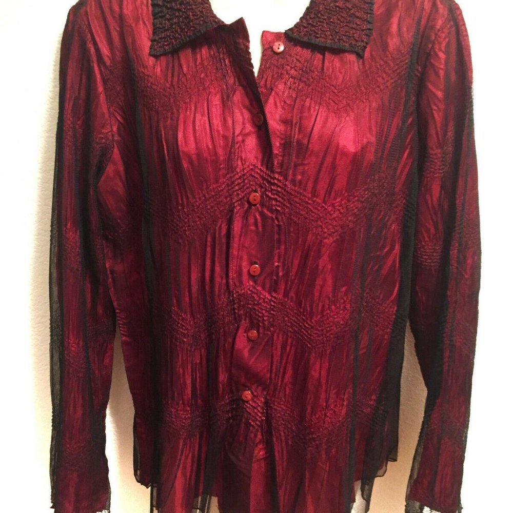 WEST END Women’s Blouse Shirt Black Tulle over Red Size M Great For Christmas